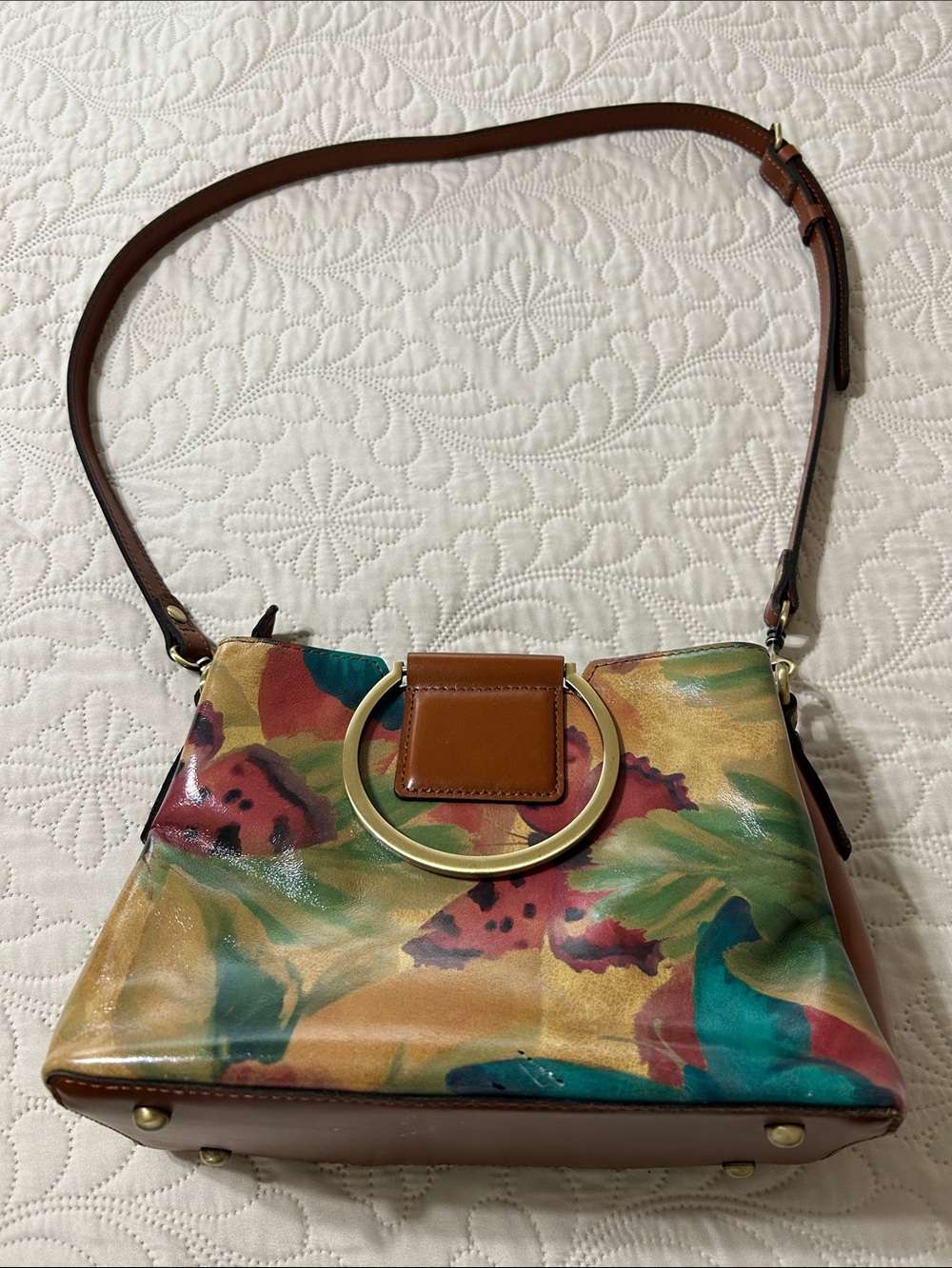Patricia Nash Multicolor Floral Patent Shoulder Bag with Gold Ring Accent